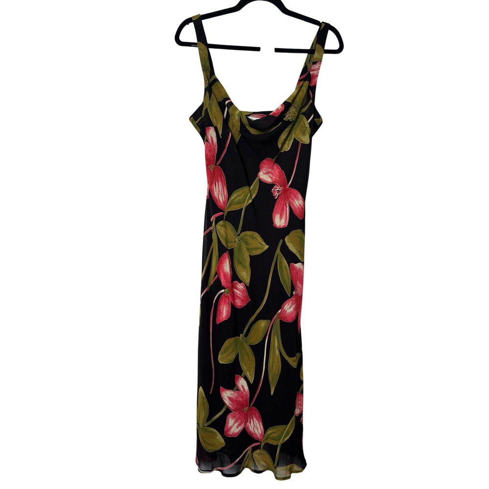 Y2K Debbie Shuchat Melanie Lyne Black Floral Cowl Neck Midi Dress Pink Lily